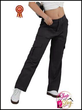 Petite High Waisted Baggy Cargo Pants Wide Leg Cotton Stretch